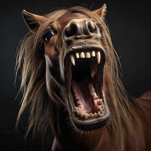 The brown horse shows its teeth, tongue covered in saliva