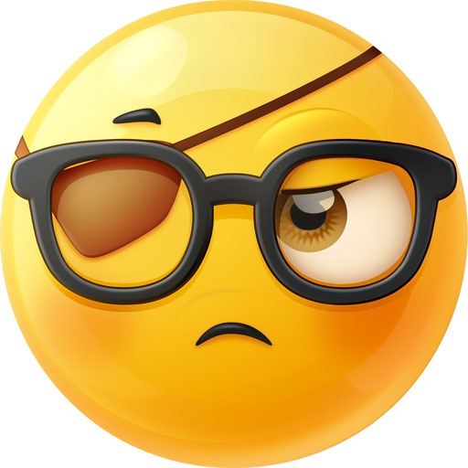 Yellow emoji with glasses and eyepatch on white background