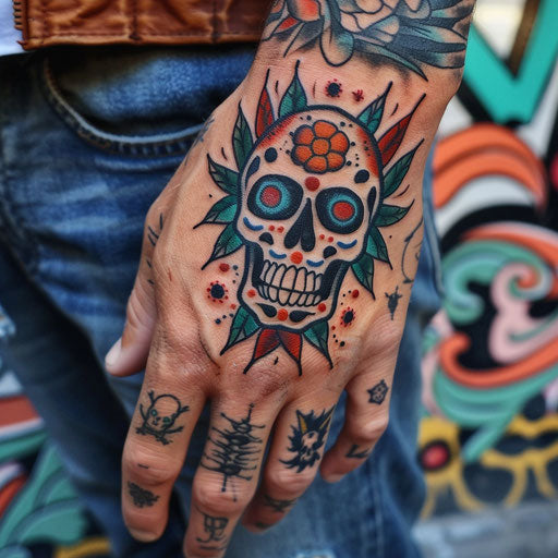 Men's wrist tattoos with traditional skull imagery
