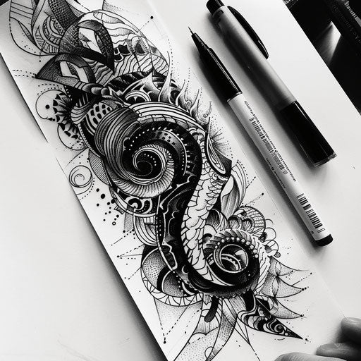Chic black and white tattoo sketch of chaotic abstract patterns