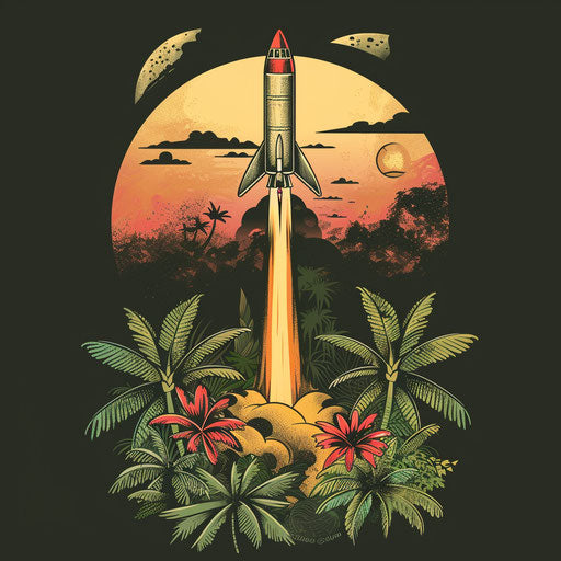 Exotic flat tattoo sketch of a rocket launching from jungle