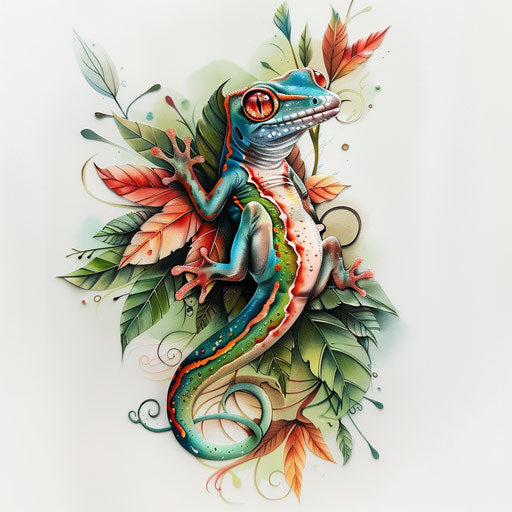 Elegant flat tattoo sketch with watercolor effects of a gecko on a leafy branch