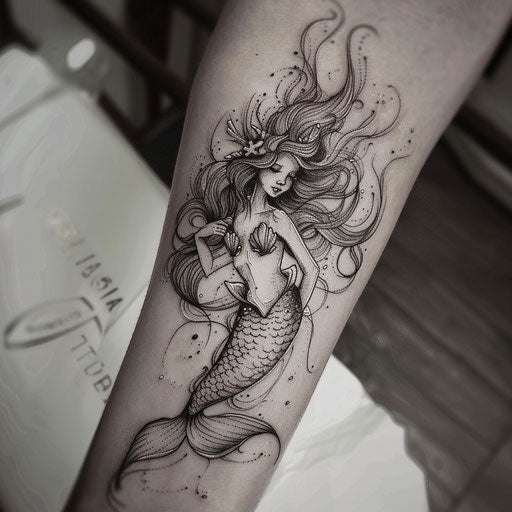 Sketch of a beautiful mermaid with flowing hair and seashells for wrist coverup tattoo for women