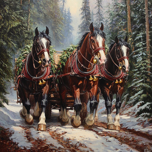 Clydesdales with jingling bells pulling wagon through forest