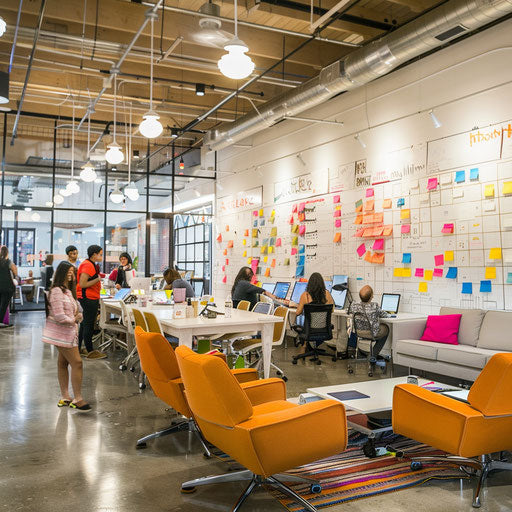 Vibrant startup office with whiteboards and colorful notes