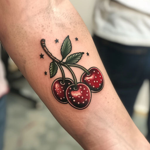 Retro cherry tattoo with a 1950s aesthetic