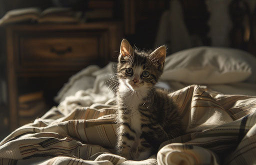 Kitten sitting on bed in dark brown and white style
