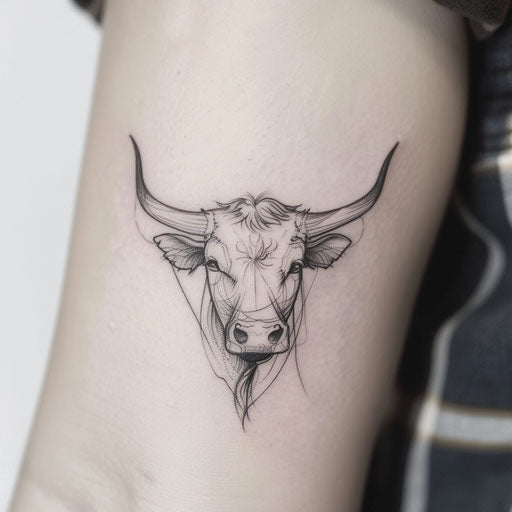 Bull tattoo in fine lines on smooth white background