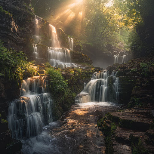 Porcupine Mountains' waterfalls flowing through lush forest