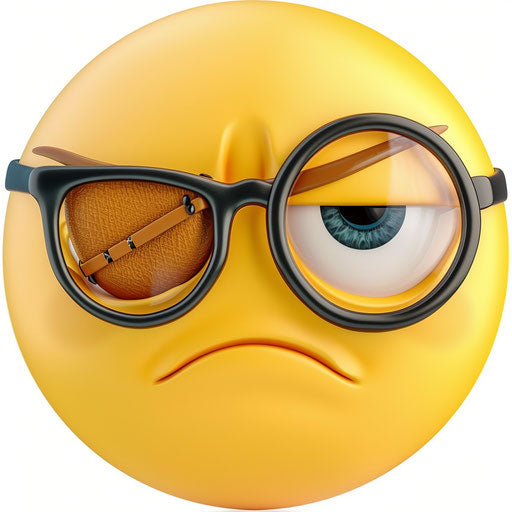 Yellow emoji with glasses and eyepatch on white background