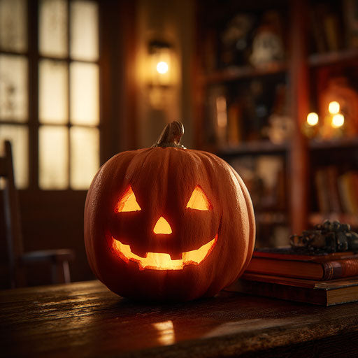 Glowing smiling pumpkin on a wooden table
