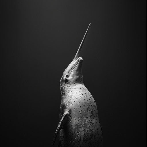 Majestic black and white portrait of a narwhal, emphasizing its unique features, in the style of Tim Flach