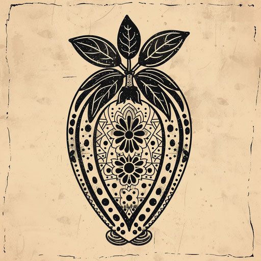 Exotic flat tattoo sketch of a jagua fruit with traditional Polynesian tattoo patterns