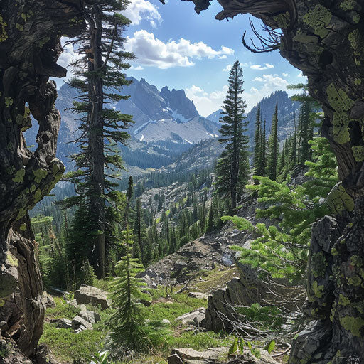 Whitebark pines framing a spectacular mountain vista