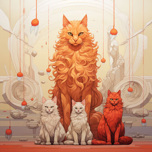 The cat sitting by other cats, light orange and red style, wavy, delicate markings, donald pass, drugcore, ironic, high quality