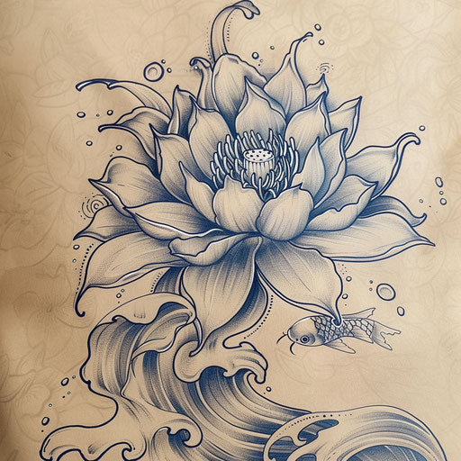 Japanese traditional tattoo style water lily with waves and koi fish