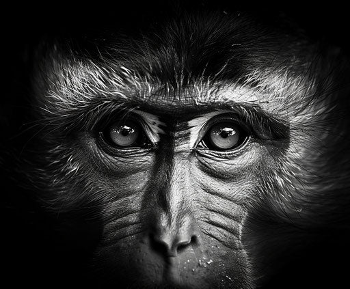 Black and white close up of monkey face, wildlife photography