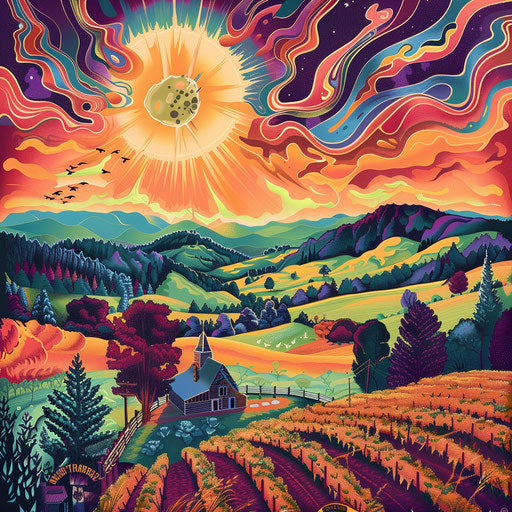 Music festival poster, Roanoke Virginia, Blue Ridge mountains, trippy sky, farm