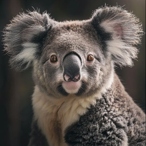 Close-up portrait of a koala in the forest, in the style of Tim Flach