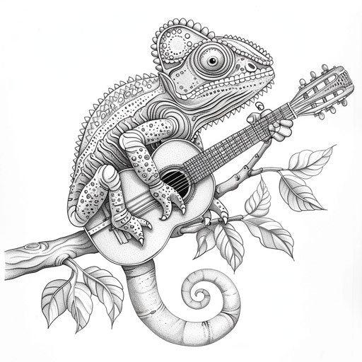 Whimsical chameleon playing a tiny guitar on a branch. Coloring book page