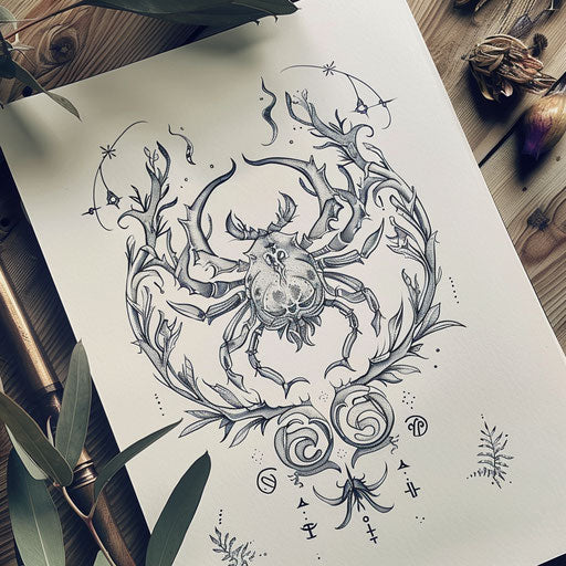 Art Nouveau inspired Cancer zodiac tattoo design