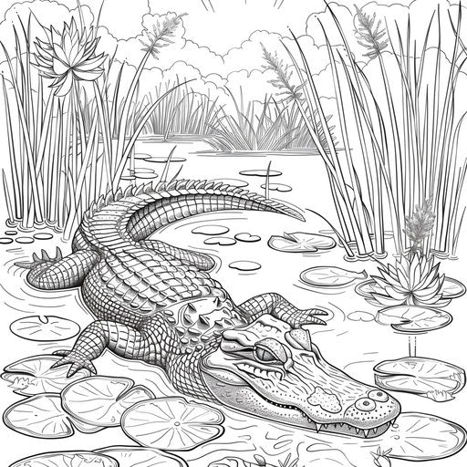 Detailed illustration of an alligator swimming in a swamp with lily pads and reeds. Coloring book page