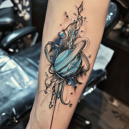 Dynamic tattoo sketch of Uranus with icy silver and blue motifs