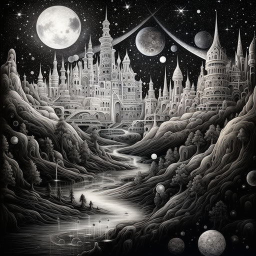 Castle in intricate psychedelic monochrome landscape