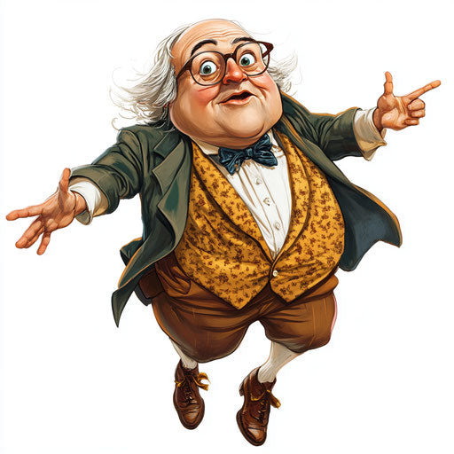 Humorous caricature of a Benjamin Franklin clipart with human characteristics, exaggerated prominent chin, long arms, gigantic, vibrant colors, cartoon style, surprised, high-resolution, no background, isolated