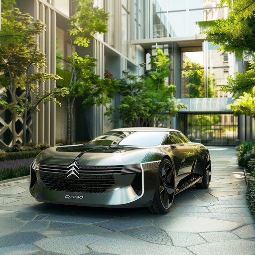 Electric Citroen DS 20 concept car in a modern green city