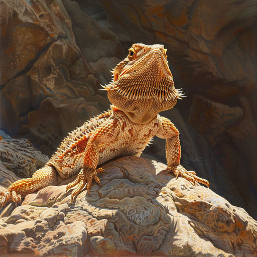 Bearded dragon sunbathing on a sunlit rock