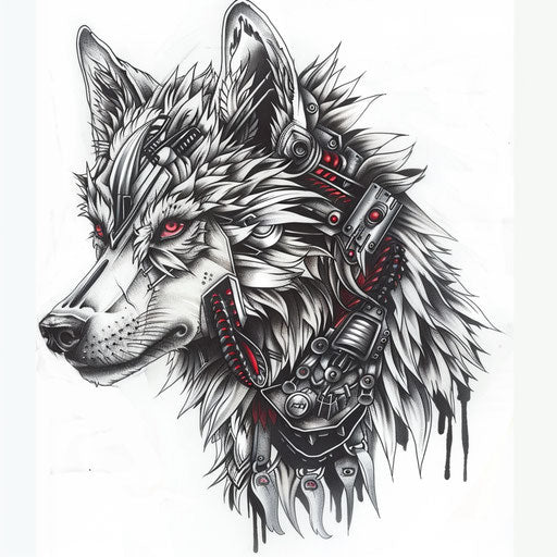 Mechanical wolf tattoo design with steel fur and red laser eyes