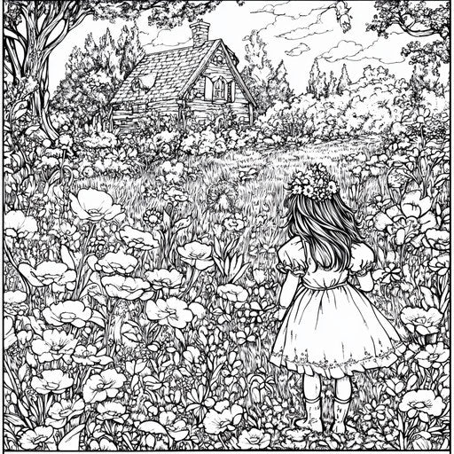 Girly enchanted meadow in the style of Mark Schultz coloring book page