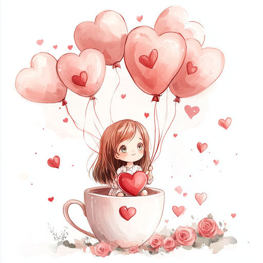 Romance in a coffee cup with heart-shaped balloons