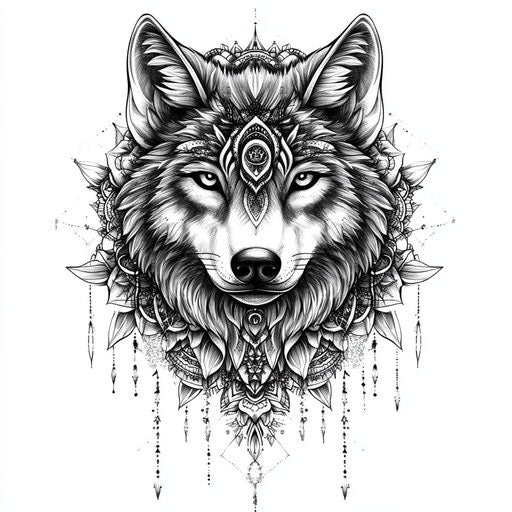 Alpha tattoo with mandala wolf on pure white background