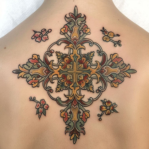 Ornate vivid color illuminated manuscript strength cross tattoo