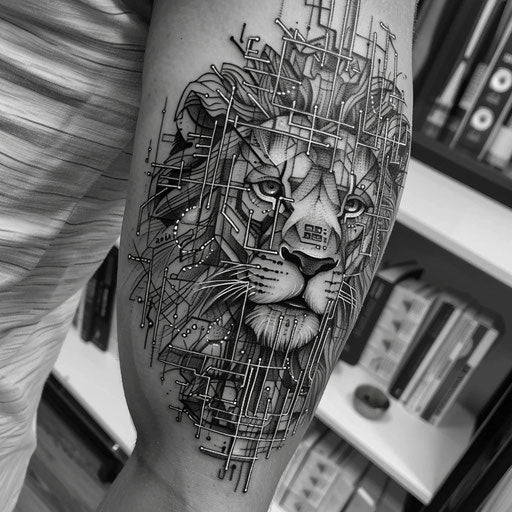 Lion tattoos for men with cyberpunk motifs, in the style of Adrian Smith