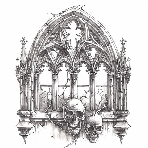 Gothic cathedral window with skull motif