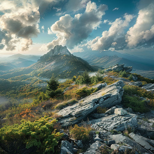 Rocky peaks of Grandfather Mountain with clouds, in the style of David Keochkerian