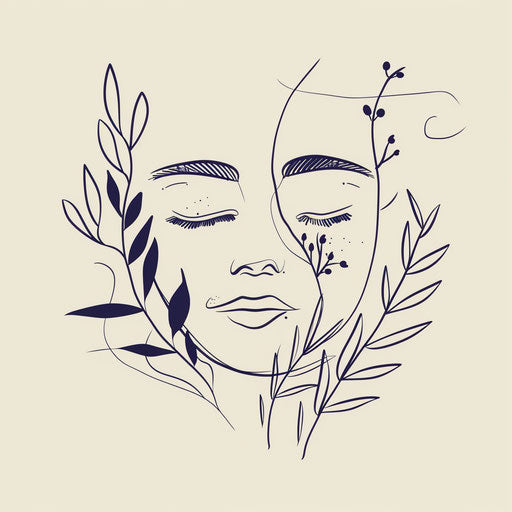Tranquil face with closed eyes in botanical frame, serenity symbol