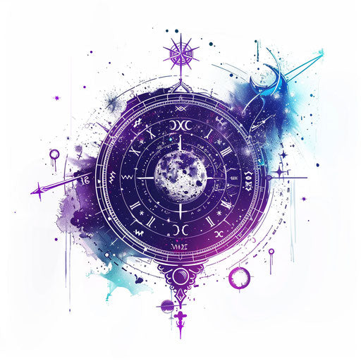 Zodiac wheel with planetary positions in purples and blues