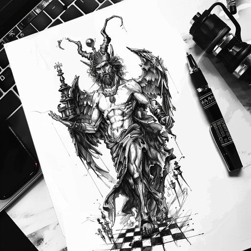 Flat sketch of a devil with a chessboard