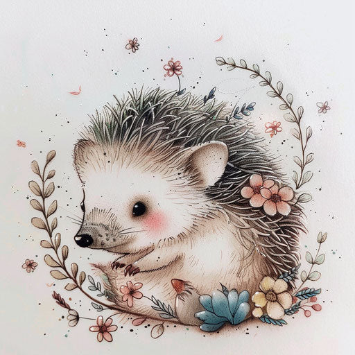 Pastel-colored tattoo sketch of a hedgehog with dreamy vibes