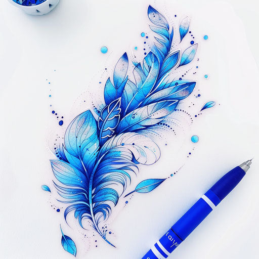 Dreamy clipart style flat tattoo sketch for a girly tattoo with floating feathers and subtle blue hues