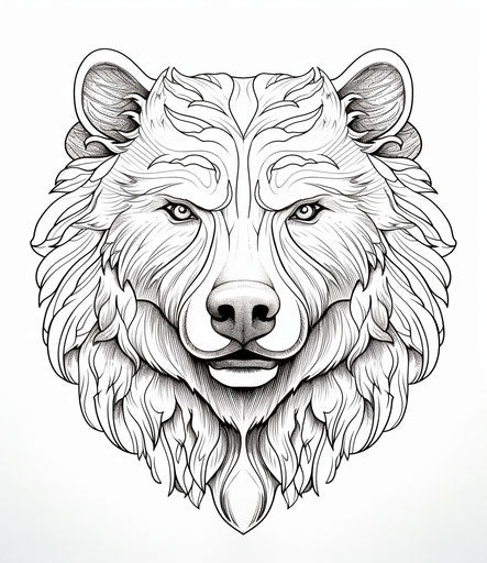 Bear head in wood engraving style, white background, hand-colored