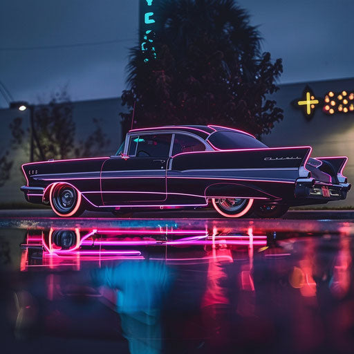 1967 Chevy Bel Air with neon accents and retro-futuristic aesthetic