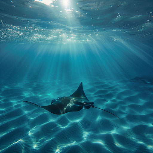 Manta ray in crystal-clear waters with sunbeams breaking through