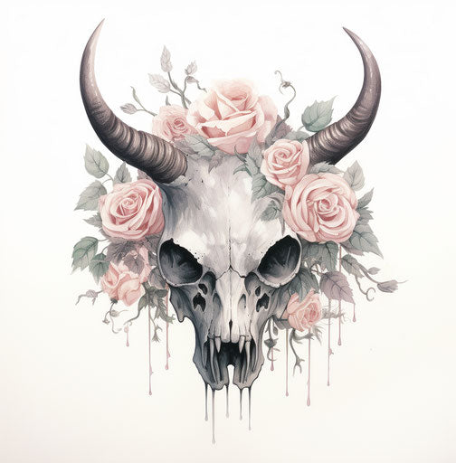 Skull and roses, characterful animal portrait style