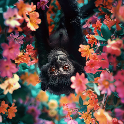 Spider monkey hanging upside down among vibrant flowers