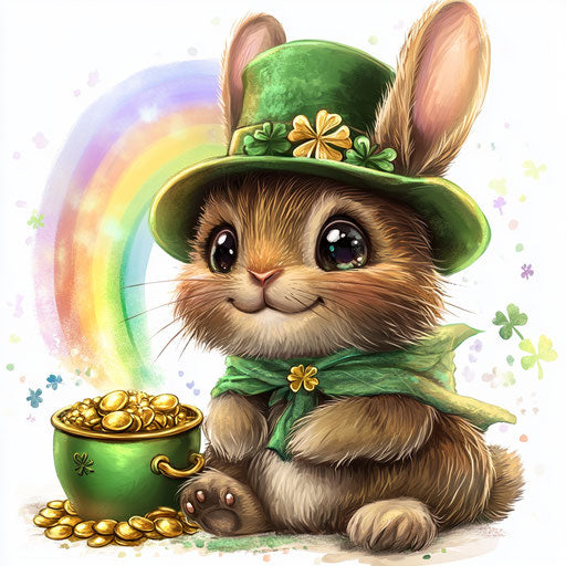 St. Patrick's Day, cute bunny in green with a hat, near a pot of gold and a rainbow